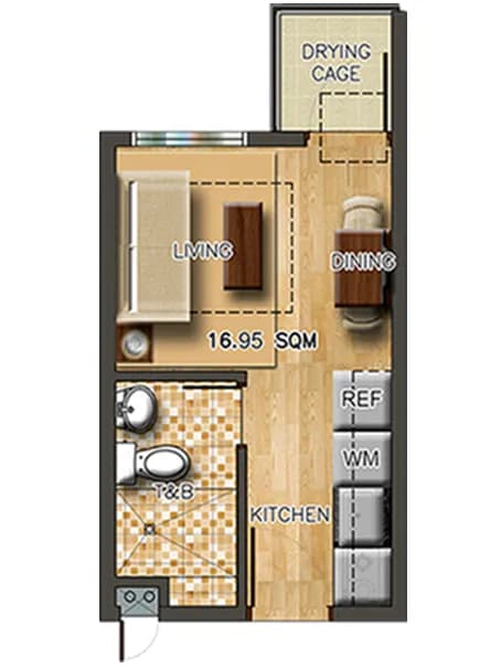 Studio unit floor plan at Torre Lorenzo Sur