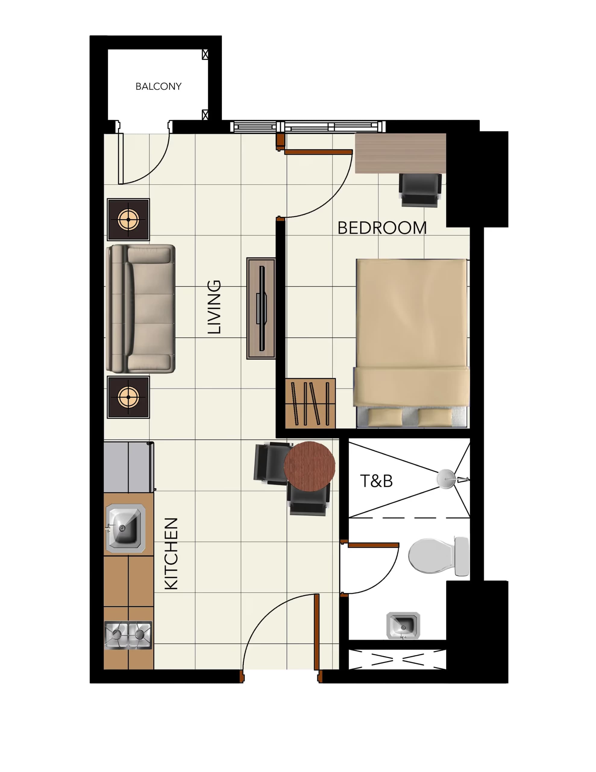 1 bedroom unit floor plan at 3Torre Lorenzo