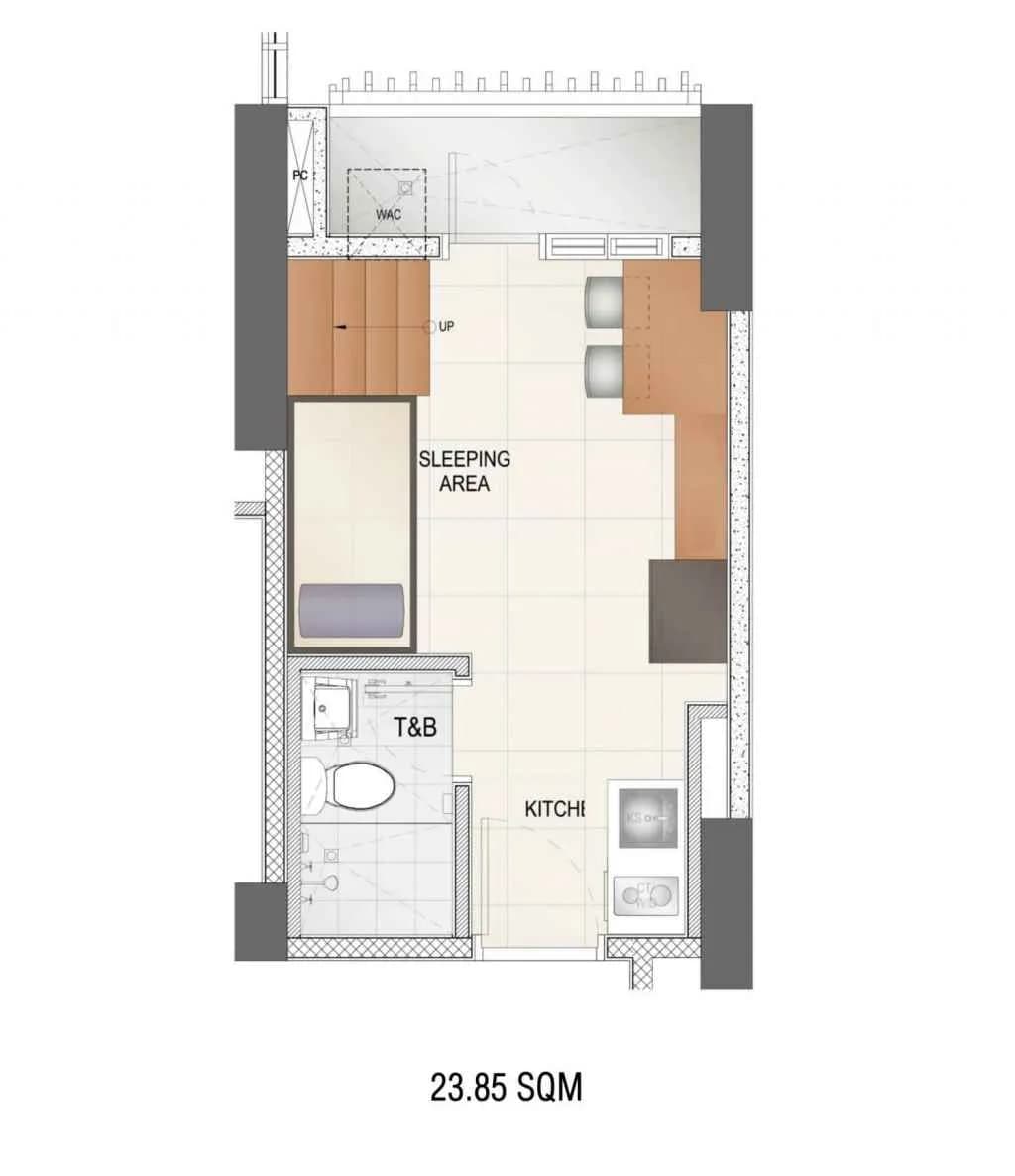 Studio B unit floor plan at Torre Lorenzo Central