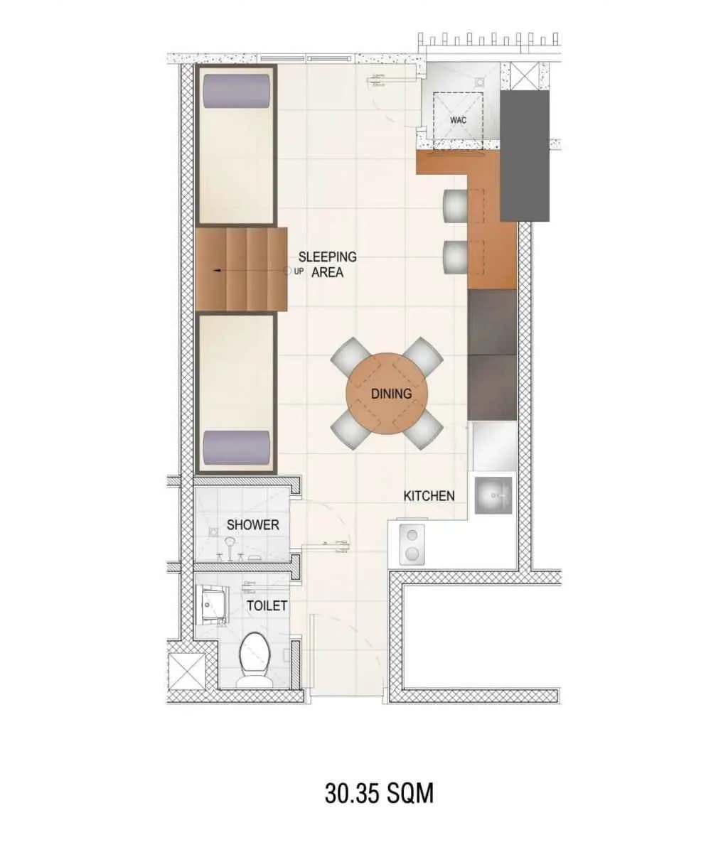 Studio F unit floor plan at Torre Lorenzo Central