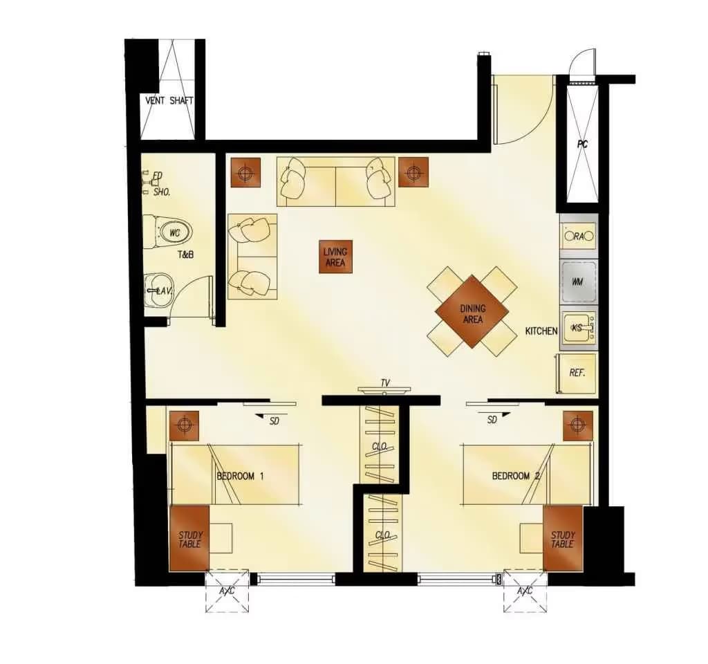 2 Bedroom unit floor plan at 2Torre Lorenzo